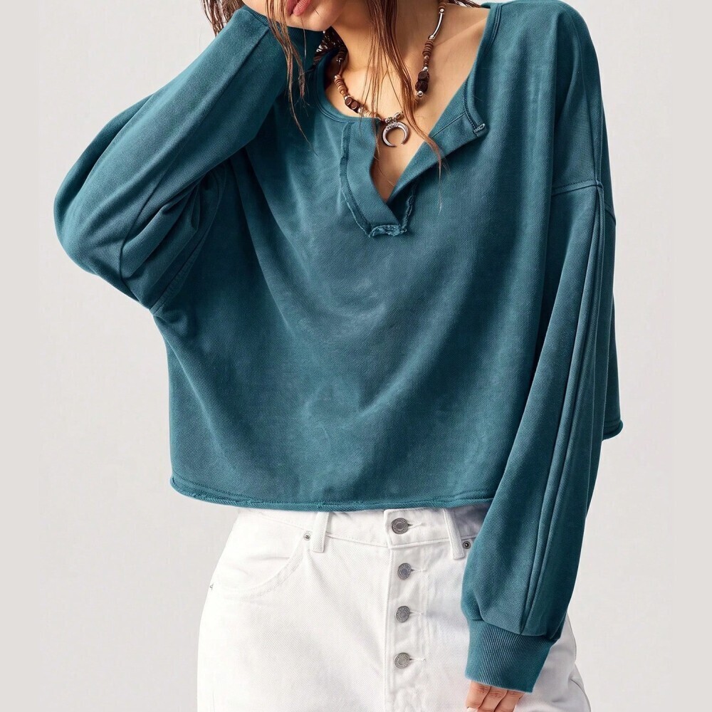 Dark Teal Notched Neck Raw Hem Oversized Cropped Henley Sweatshirt